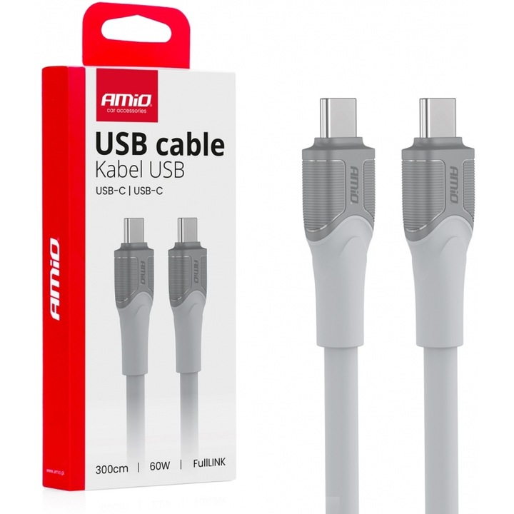Cablu de date Amio, USB Type C la USB Type C, 300cm, 60W, alb