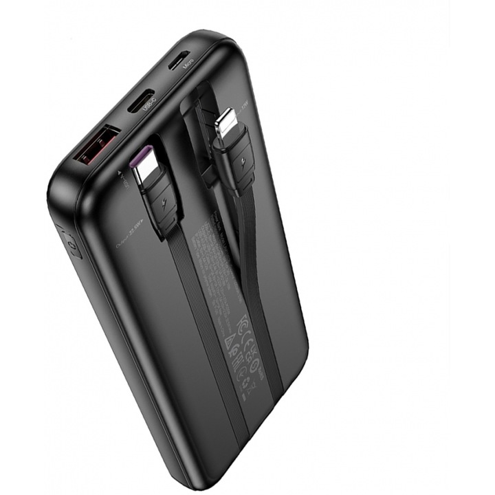 Power bank LAMTECH 10000mAh 22.5W, negru, ultra-subtire, cu cabluri Type-C si Lightning