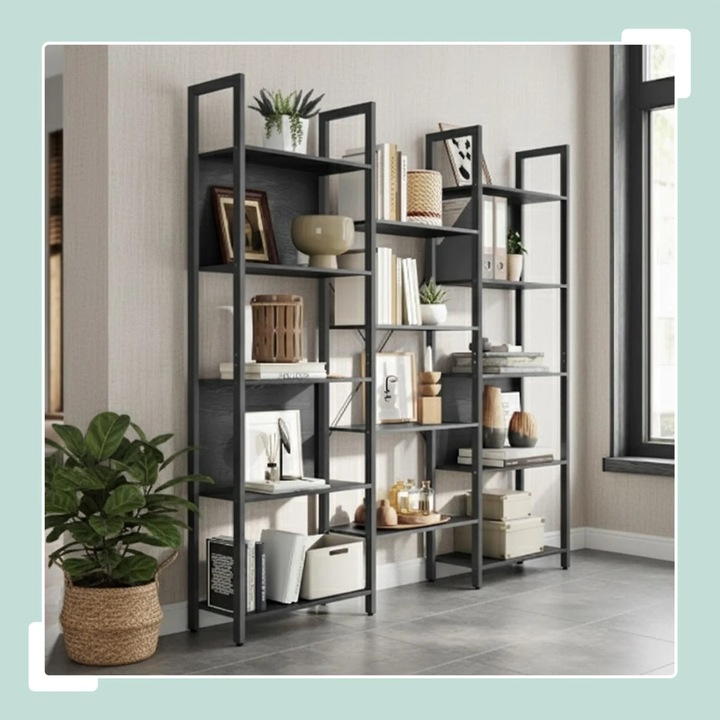 Bibliotecă, Northix, 14 rafturi deschise, design industrial vintage, set