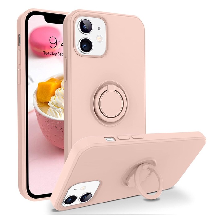 Husa din Silicon SoftHold cu Ring pentru Apple iPhone 12 Mini, Flexibila, Interior Microfibra, cu Suport, Prindere Sigura, Decupaje Precise, Roz