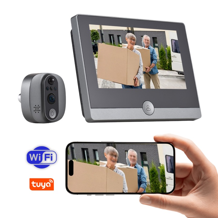 Sonerie Video Inteligenta WiFi 2MP cu Vizor Digital 4.3 inch, Interfon Bidirectional, Detectie Miscare PIR, Vedere Nocturna HD, Baterie 5000mAh, Siguranta Casa, Anti-Efractie, Monitorizare Usoara in Timp real, Control prin Aplicatie