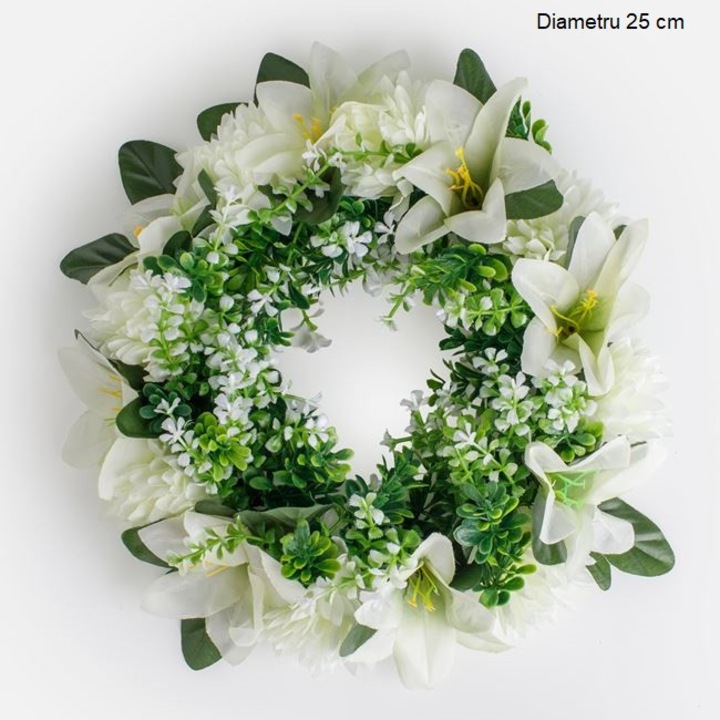 Coronita decorativa usa perete VENITIVO® cu flori albe Ø25 cm artificiala plastic poliester decor primavara Paste