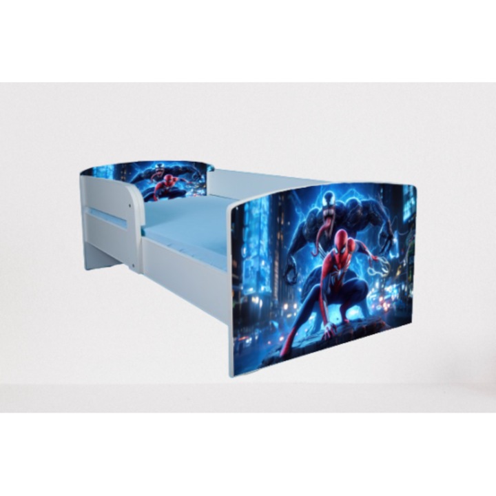 Pat copii Spiderman Venom, alb, 130x60 cm, cu saltea Safe Nest 6 cm, cu protectie