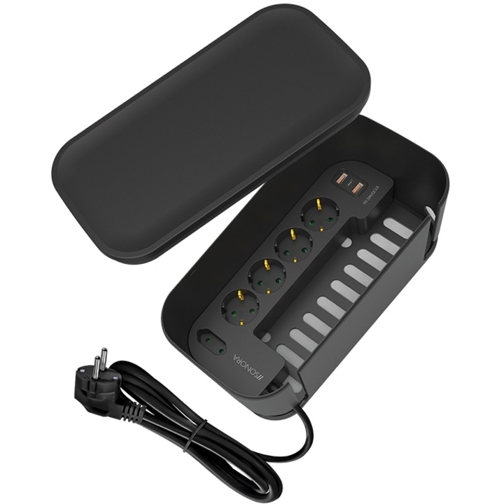 Cutie de organizare cabluri, SONORA, cu 5 prize, 3 porturi USB, negru
