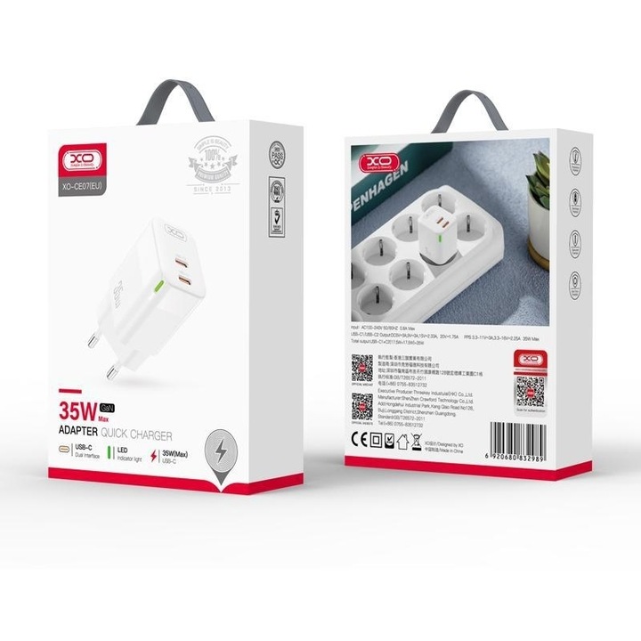 Incarcator telefon XO CE07 PHORTISTES 35W GaN, 2 THYRES PD, alb