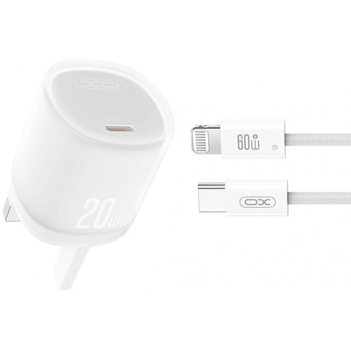 Incarcator telefon, XO, L143, PD20W, Type-C, Lightning, alb