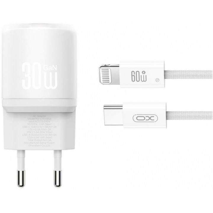 Incarcator telefon XO L150 30W, Type-C, Lightning, alb