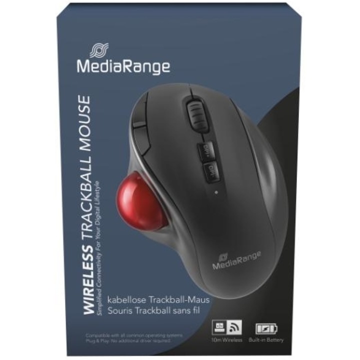 Mouse MediaRange wireless cu trackball, 7 butoane, DPI 800-2400, negru/rosu