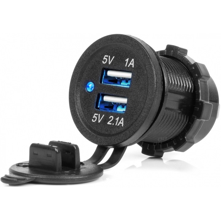 Priza auto cu 2 porturi USB, Amio, 12/24V, 3.1A, neagra