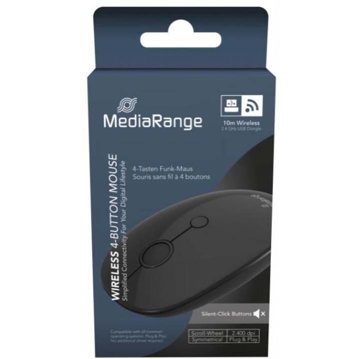 Mouse wireless MediaRange, 4 butoane, 1.000 - 2.400 dpi, negru