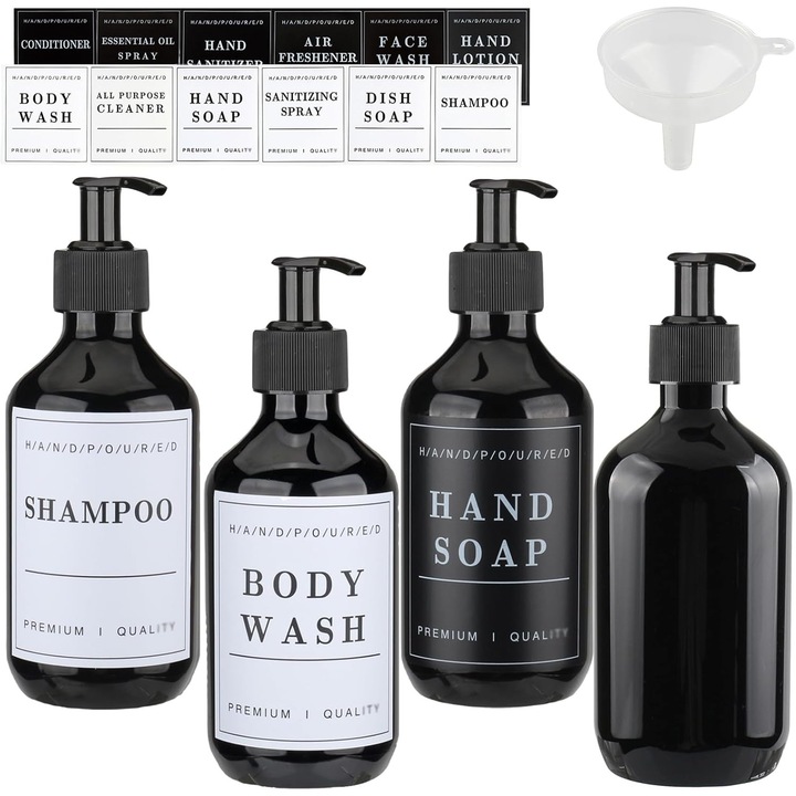 Set 4 Dozatoare Sapun Negre 300ml, Plastic, cu Pompa pentru Lotiune