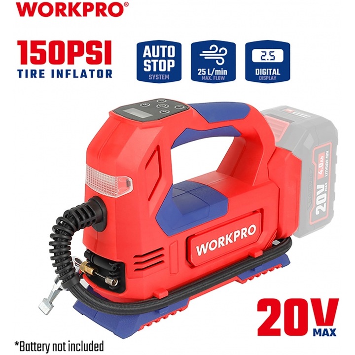 Pompa de umflat WORKPRO 20V-Li, model WP394010, pentru autokinetoare