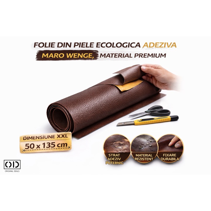 Piele Ecologica Autoadeziva, Piele Sintetitca, pentru Reconditionare Canapea, Scaun, Fotoliu si Interior Auto, Dimensiune 50 x 135 cm, Material Premium Maro Inchis Wenge, ORIGINAL DEALS