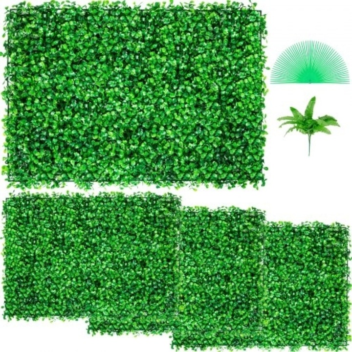 VEVOR Panou Artificial de Buxus Rezistent la UV, 4 buc. Panouri de Perete din Buxus, Iarba Artificiala pentru Perete, 61,0x40,6 cm (24x16"), Perete de Iarba de 4 cm, Gard Fals pentru Decorarea Intimitate in Gradina, Curte Interioara/Exterioara
