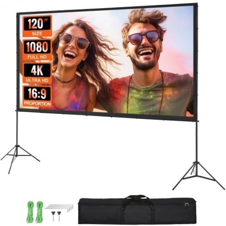 Ecran proiectie VEVOR 120 inch (304,8 cm) 16:9 4K 1080 HD cu baza si suport de transport
