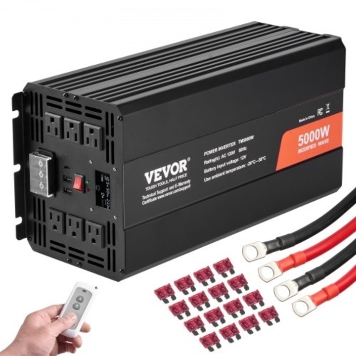 Inverter auto VEVOR 5000W DC12V la AC120V cu telemetrie LCD