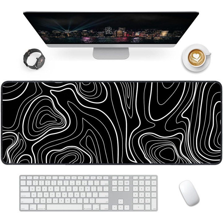 Mousepad Gaming XXL 80x30 cm, Suprafata Mare Antiderapanta, Negru Alb