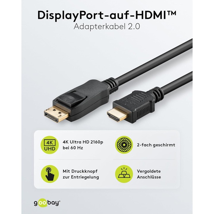 Cablu Goobay DisplayPort 1.2 la HDMI 2.0, 4K@60Hz, 1M