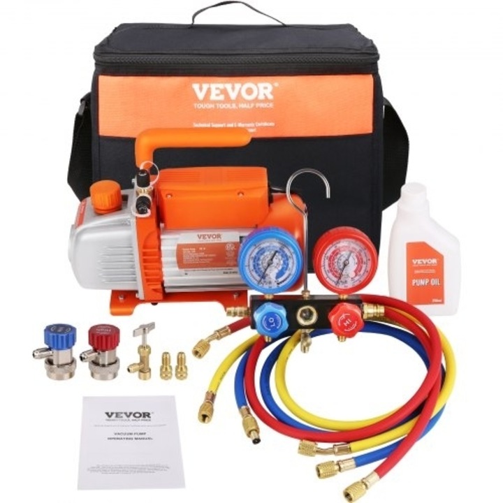 Pompa de vid VEVOR 1/5 HP 3.5 CFM, set cu geanta de transport, pentru R134a, R410a