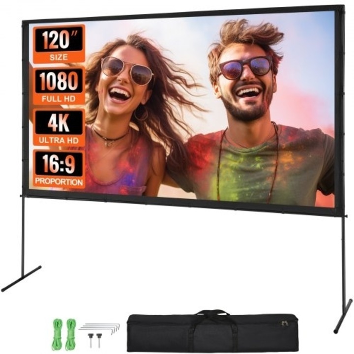 Ecran proiectie VEVOR 120 inch (304,8 cm) 16:9 4K 1080 HD cu baza si husa de transport