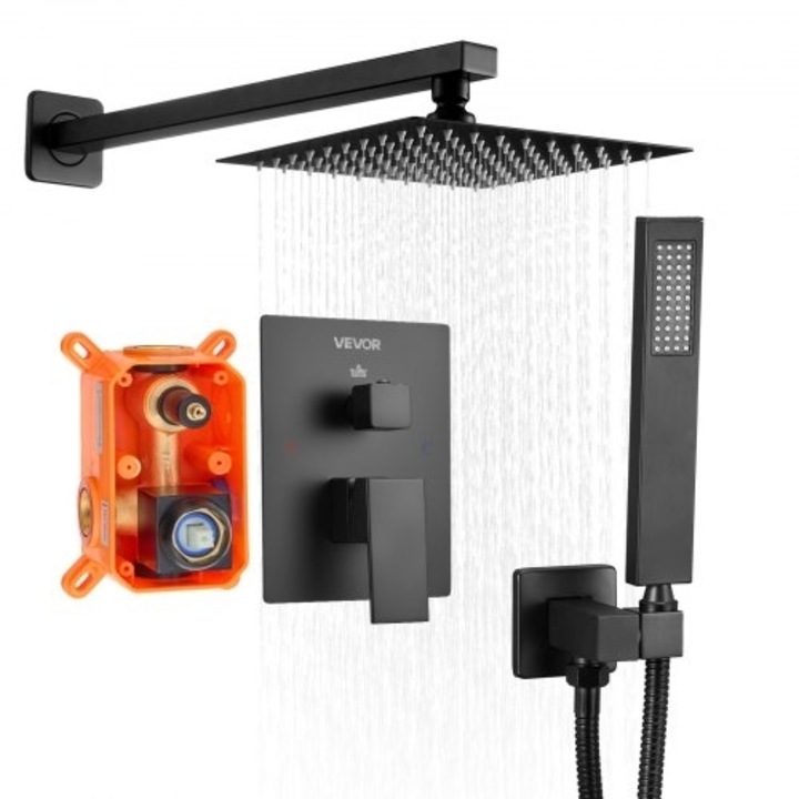 Set baterie dus VEVOR cu cap de dus tip ploaie 8" (20,3 cm) patrat si maner negru mat