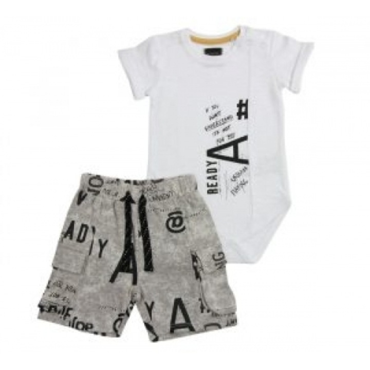 Compleu copii Minene, set bebelusi, alb-gri, imprimeu negru, pentru baieti, 86-92 CM