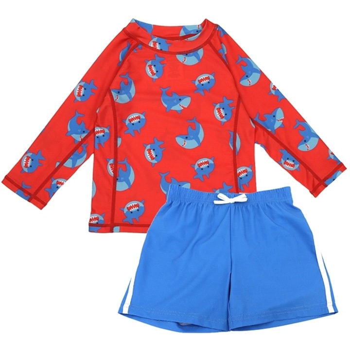 Costum de baie copii, Zoocchini, set cu pantaloni scurti si tricou, rosu si albastru, pentru baieti