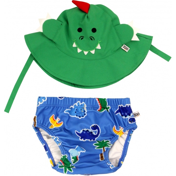 Set Costum de Baie si Palarie Zoocchini Devin the Dino & Friends, verde-albastru, UPF50, pentru baieti, 62-68 CM