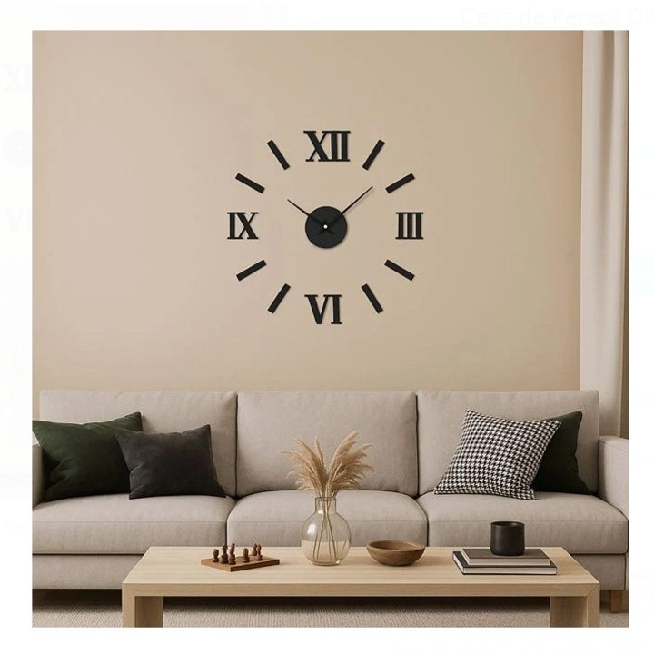 Ceas de Perete DIY 60cm Negru cu Cifre Romane, Design Modern Minimalist, Mecanism Quartz, Functionare cu Baterie AA