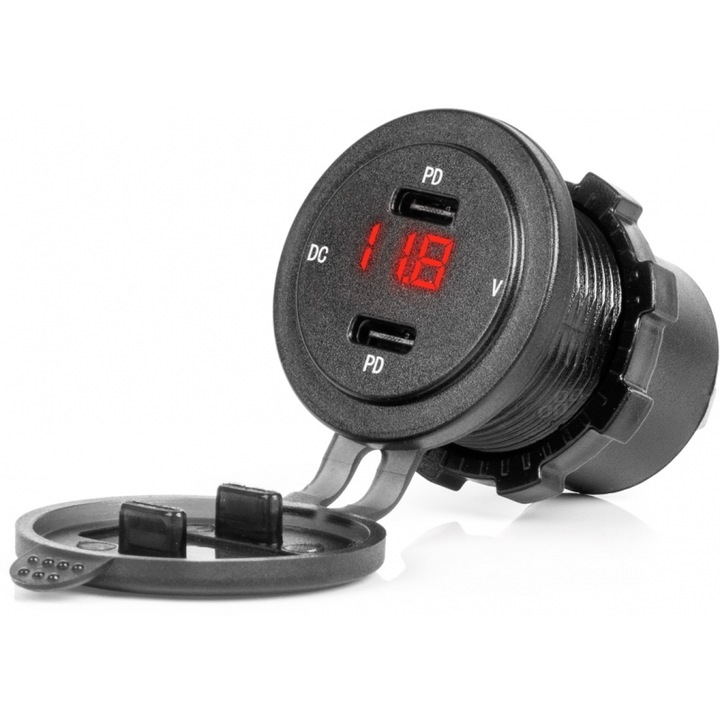 Priza auto cu 2 iesiri USB-C, Amio, 12/24V, LED rosu, set 1 tem.