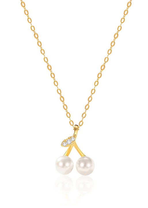 Colier dama Argint 925 placat cu aur 14k, perle de cultura, pandantiv cirese, 40+4.5 cm