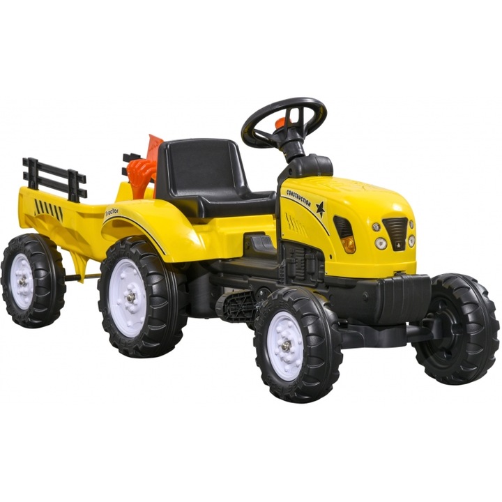 Tractor cu pedale pentru copii, HOMCOM, cu rampa, metalica, negru-galben, 133x42x51cm