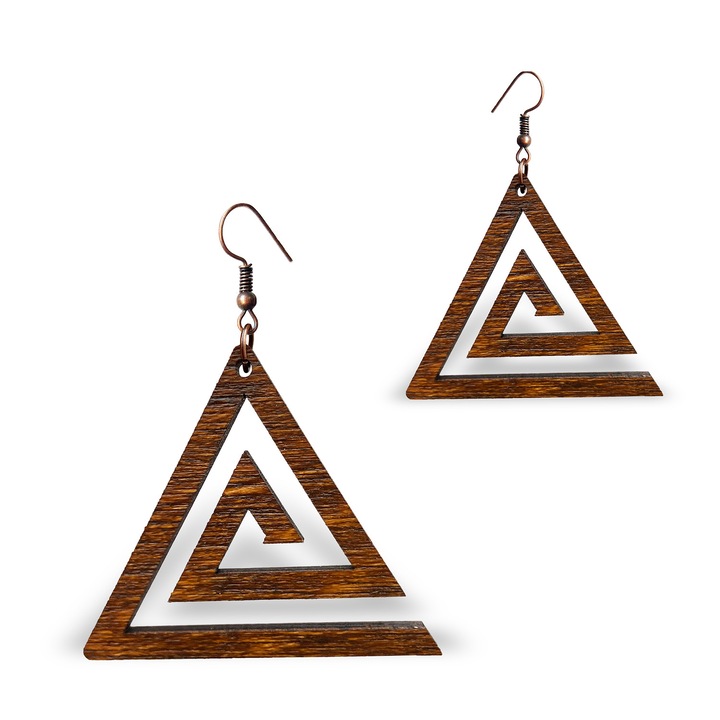 Cercei din lemn RedOwlCraft Fantasy Spiral Triangle, nuc, 48x41mm, lacuit
