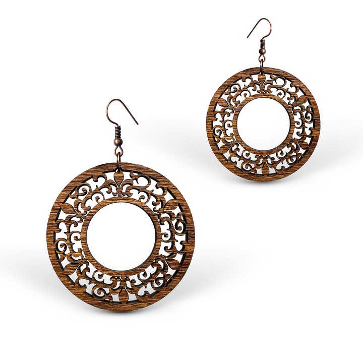 Cercei din Lemn RedOwlCraft Fleur de Lis nuc, 45x45mm, lacuit, antialergenic