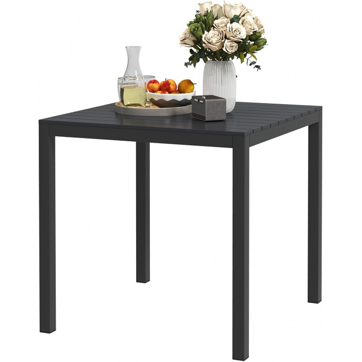 Masa de gradina Outsunny, 73x73 cm, pentru 4 persoane, cu aspect de lemn, neagra