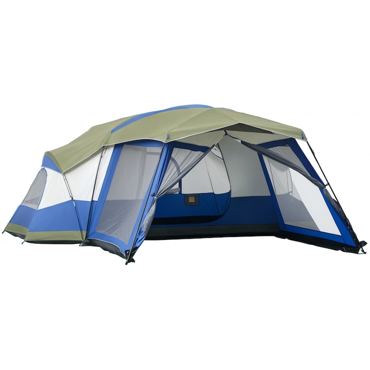 Cort camping Outsunny 6-8 persoane, cu prothalamo, 2 feronerie, 3000mm, albastru, 518x487x237cm