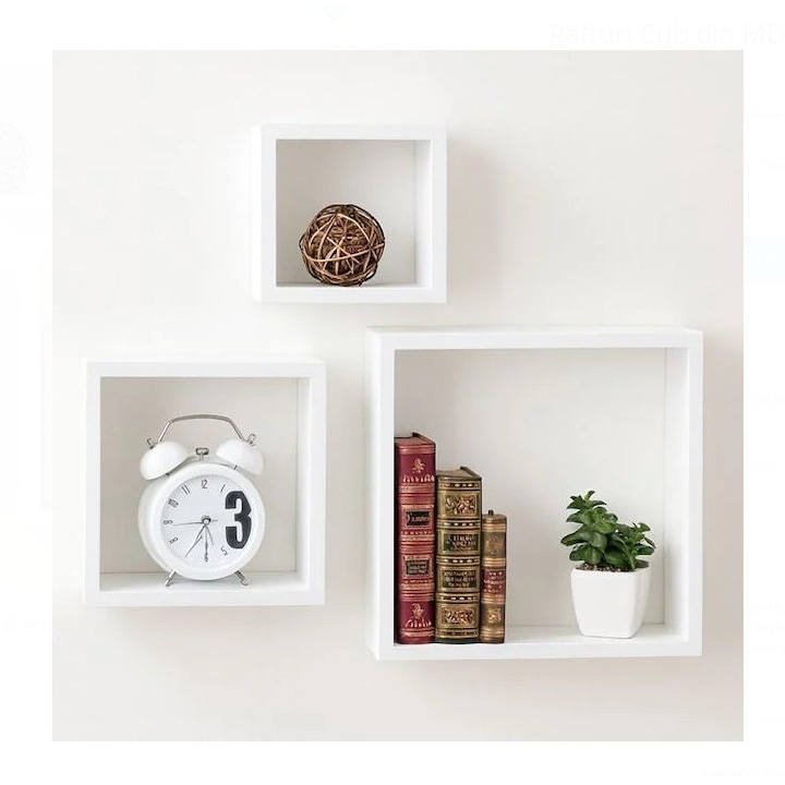 Комплект от 3 бели MDF рафта за стена, Скрито монтиране, 23x9x23 см / 18x9x18 см / 12.7x9x12.7 см, Декоративни рафтове за всекидневна, спалня, офис