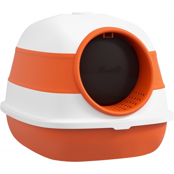 Litiere PawHut, cu capac si phtyaraki, pentru gaturi pana la 5 kg, 52x41x38 cm, Alb/Portocaliu