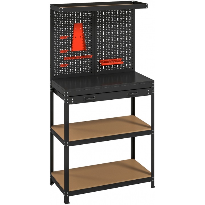 Banc de lucru HOMCOM, 80x40,5x155cm, cu panou de lucru, sertare, 2 rafturi, negru