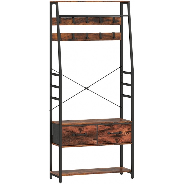 Cuier cu banca HOMCOM, 10 carlige, 2 sertare, metal, maro/negru