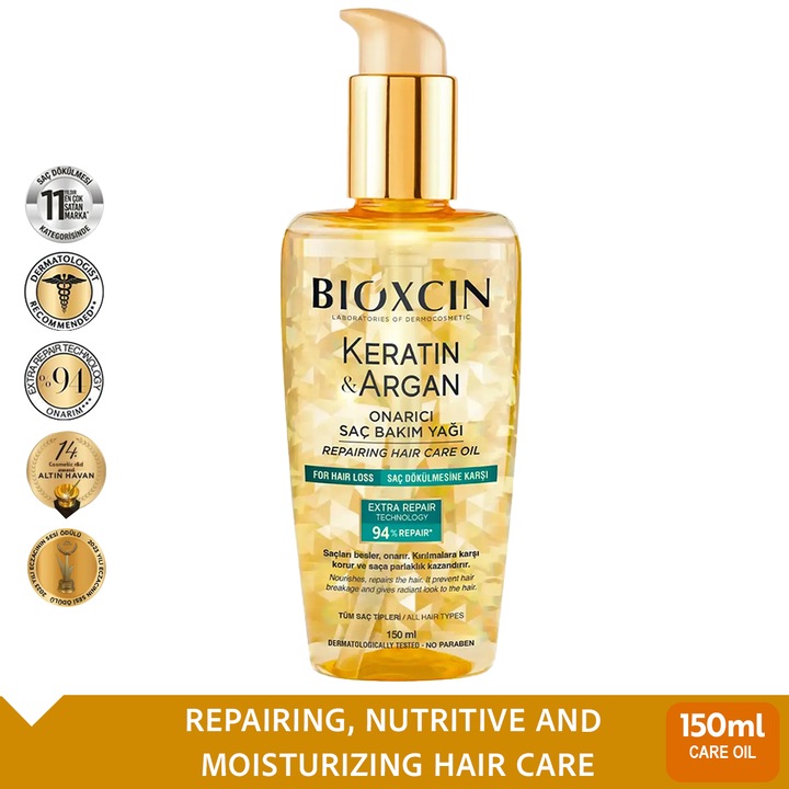 Ulei reparator Bioxcin Keratin & Argan 150 ML, pentru păr deteriorat, normal, hidratant, netezire