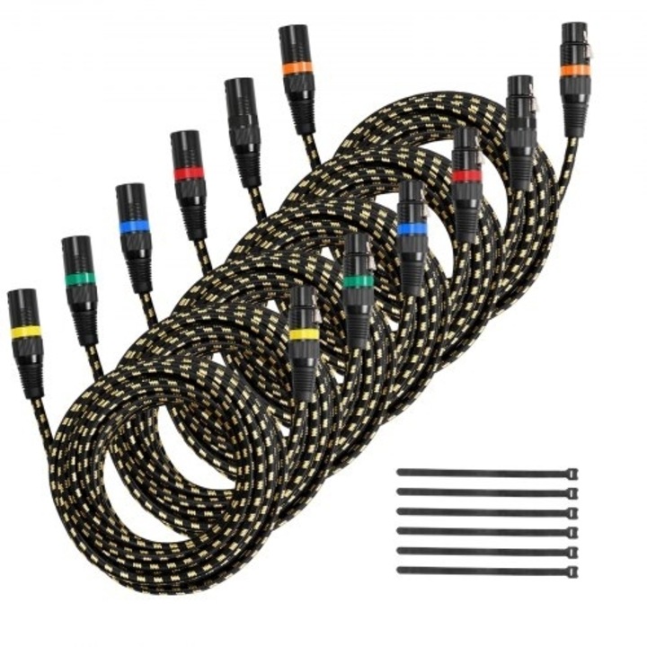 Cabluri XLR 7,62 m, VEVOR, set 6 bucati, 3 pini, pentru microfon, negru