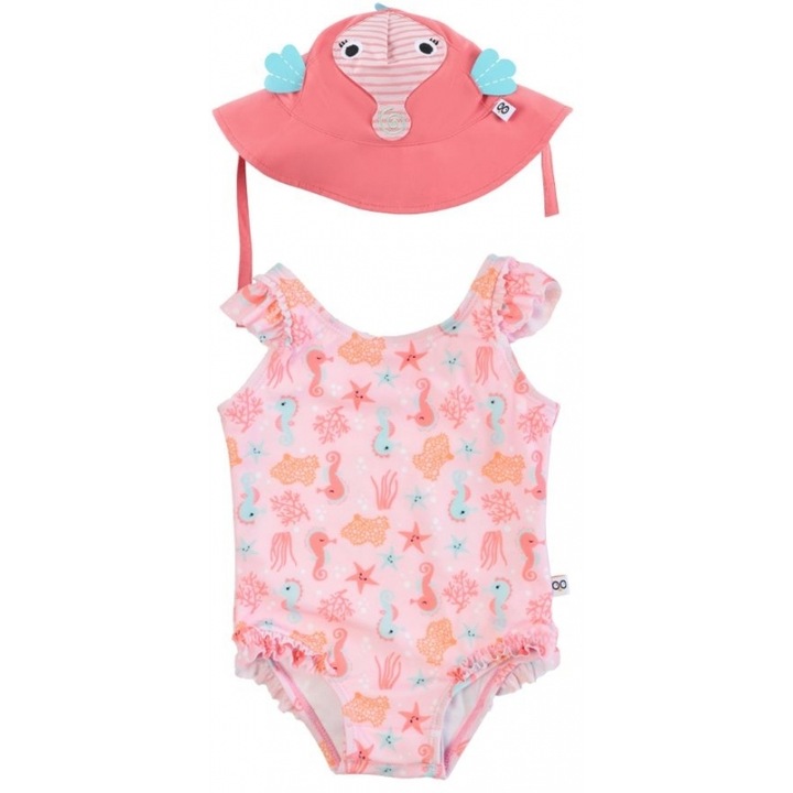 Set Costum de Baie Fete, Zoocchini, Sally Calutul de Mare, cu Palarie UV, Roz, 80-92 CM