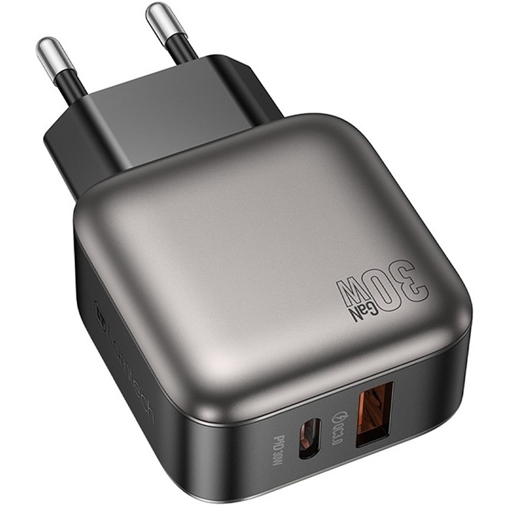 Incarcator telefon LAMTECH DUAL PORT GaN 30W, gri