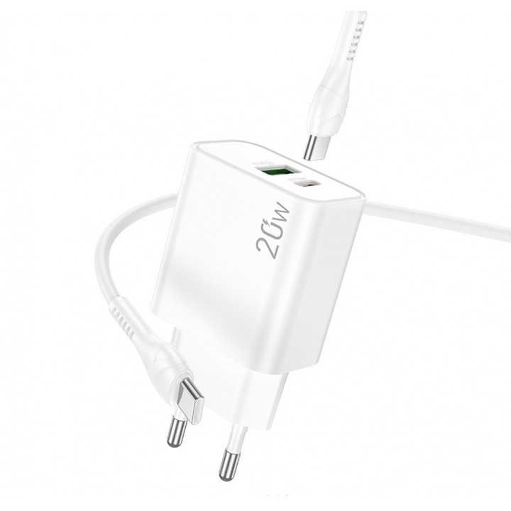 Incarcator telefon LAMTECH dual port QC3.0/PD20W, cablu Type-C la Type-C 60W, 1m, alb