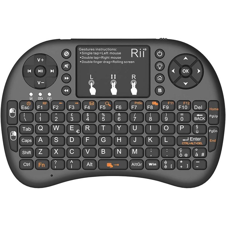 Безжична клавиатура Rii Mini i8+ с тъчпад и подсветка, италианска подредба (черна)