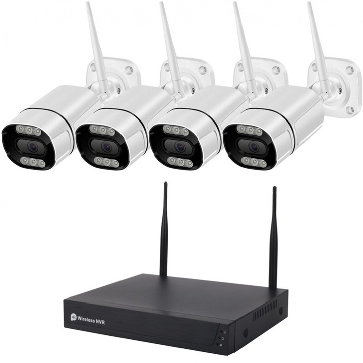 Kit complet supraveghere 5 MP Hikvision Turbo HD cu 4 camere Bullet IR 20 m, accesorii incluse, vizualizare pe internet