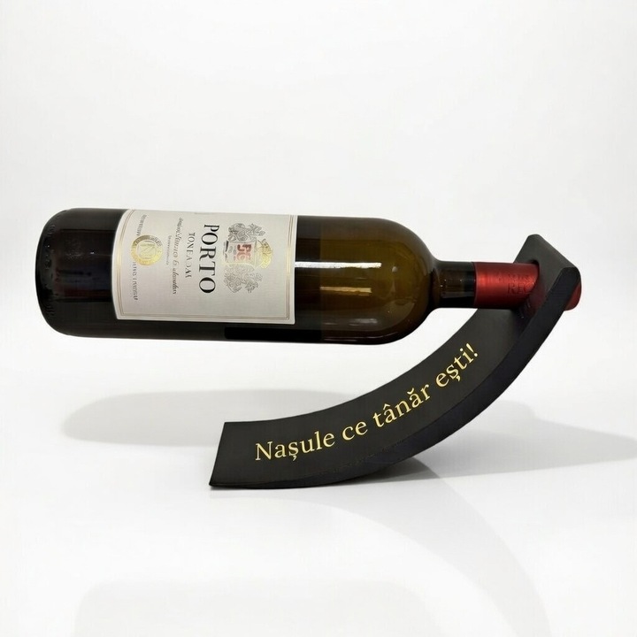 Cadou pentru Nas, Suport Sticla Vin Kinetic cu Efect de Plutire, Mesaj "Nasule ce tanar esti!", Negru, P0037