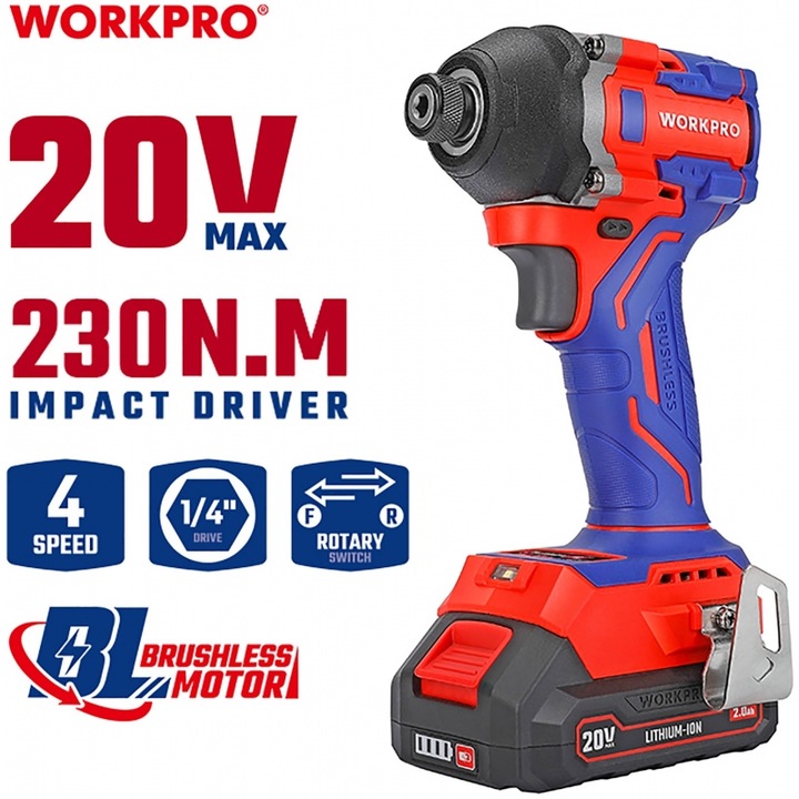 Masina de gaurit si insurubat WORKPRO 20V-Li, 1x2,0AH, model WP390106