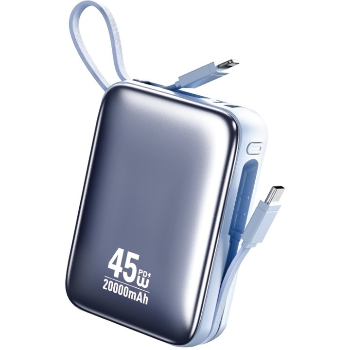 Baterie externa, 20000mAh, WK, PD 45W, USB-C/Lightning, albastru